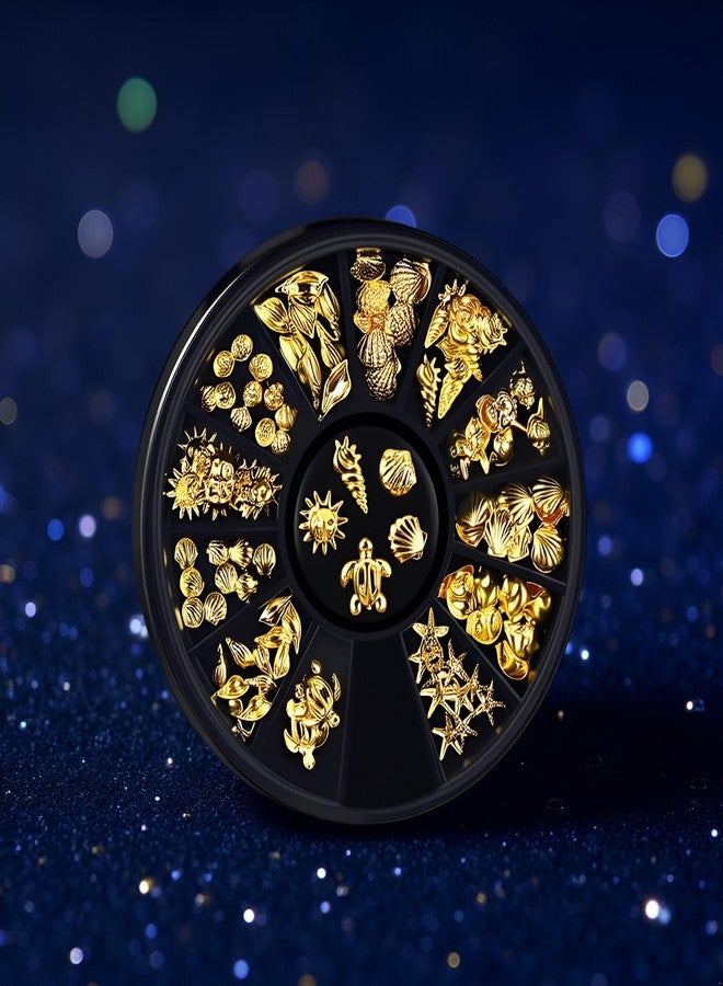Tnyvm 1 Box 12 Styles Golds Nail Art Metal Studs Golds Metallic 3D Pieces Rivet Palm Tree Turtles Marine Life Charms for Summer Beach Ocean Manicure DIY Acrylic Nails Design Supply (Gold Ocean Studs) - Image 3